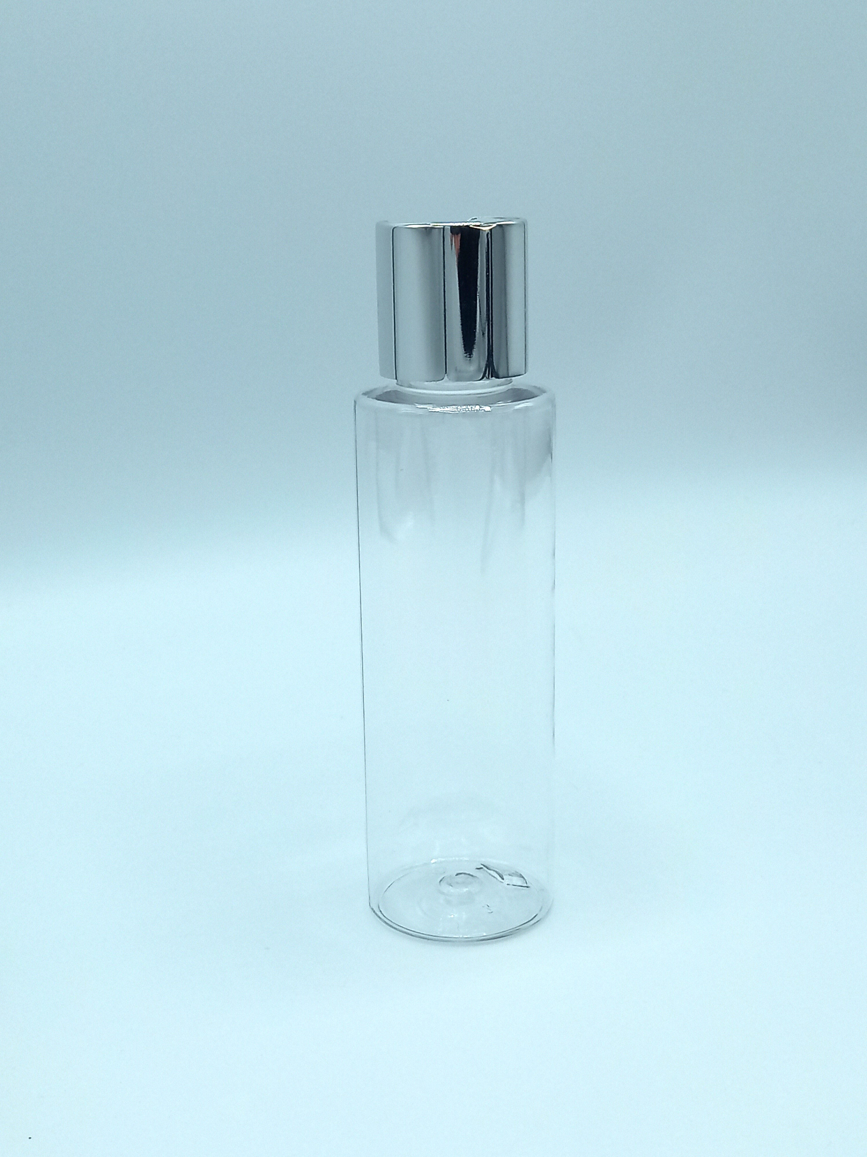 Frasco PET 100ml transparente c/ tampa prateada